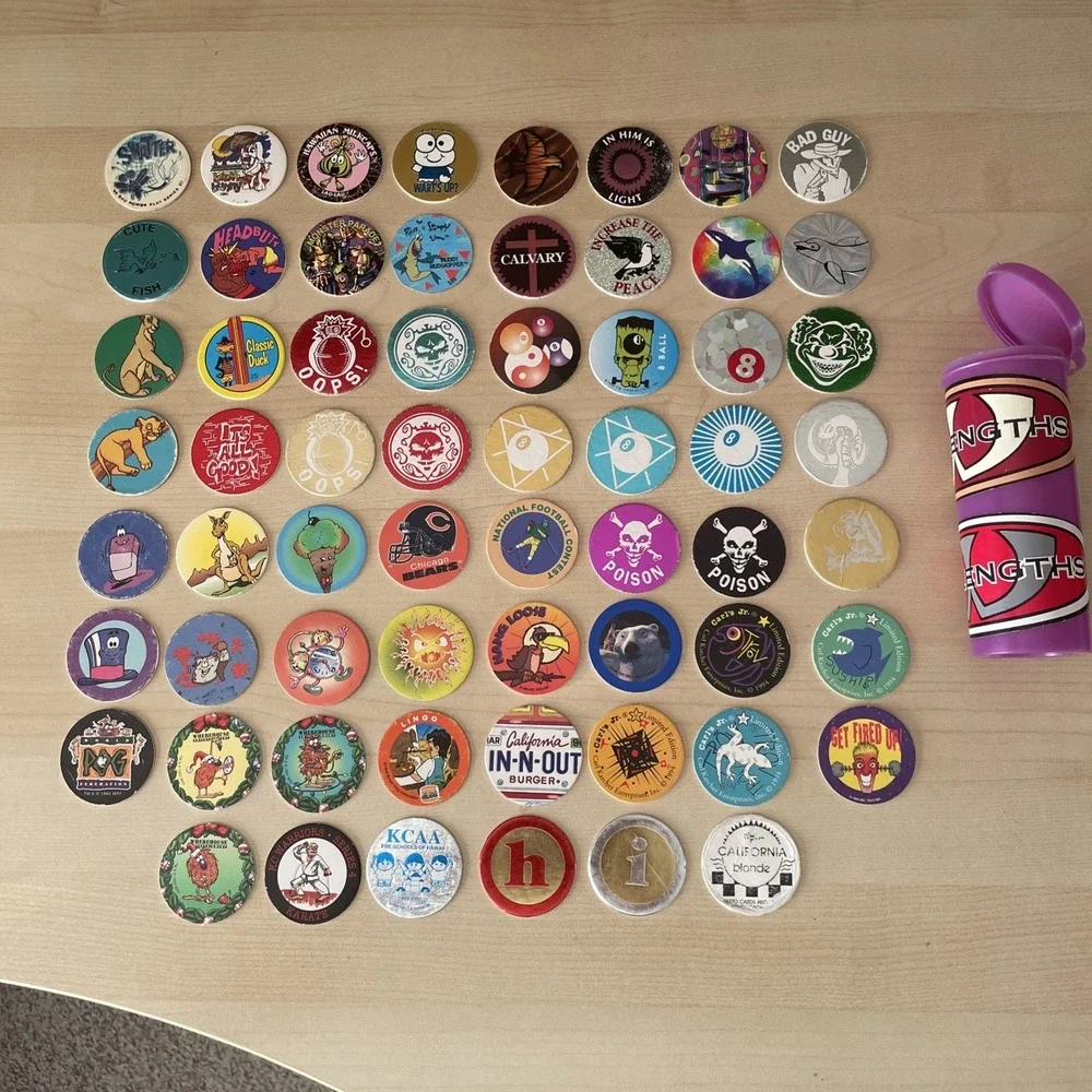 Random Mixed LOT Of 62 POGS‎ MILK CAPS + tube 90s Skull 8 Ball REN & Stimpy Art